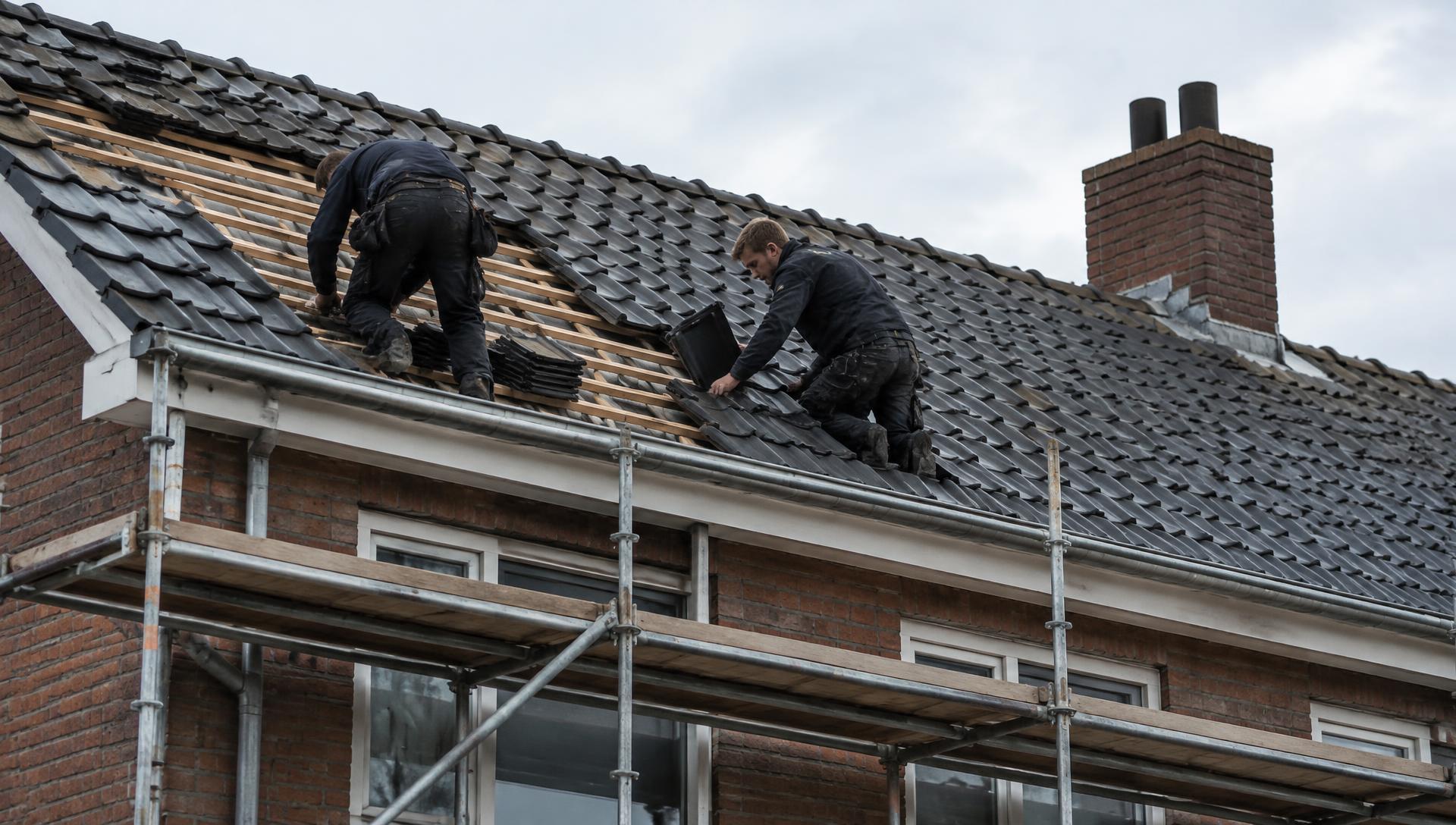 Dakdekkers leggen nieuwe antraciet dakpannen op een Nederlandse woning